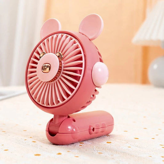 Cute round ear handheld mini rechargeable small fan children with base desktop folding pocket electric fan