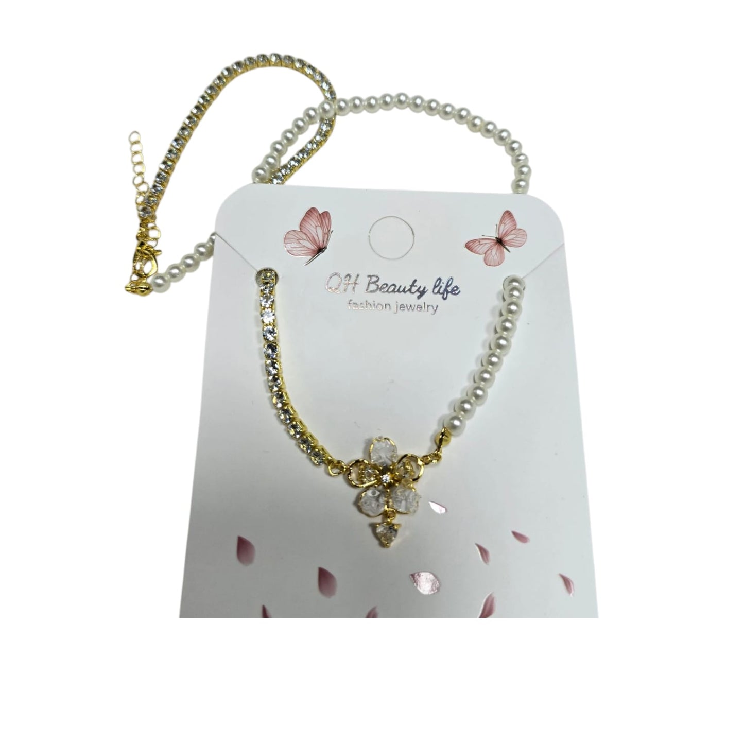 NECKLACE WITH ARTIFCIAL PEARL AND STONE WITH FLOWER PENDANT