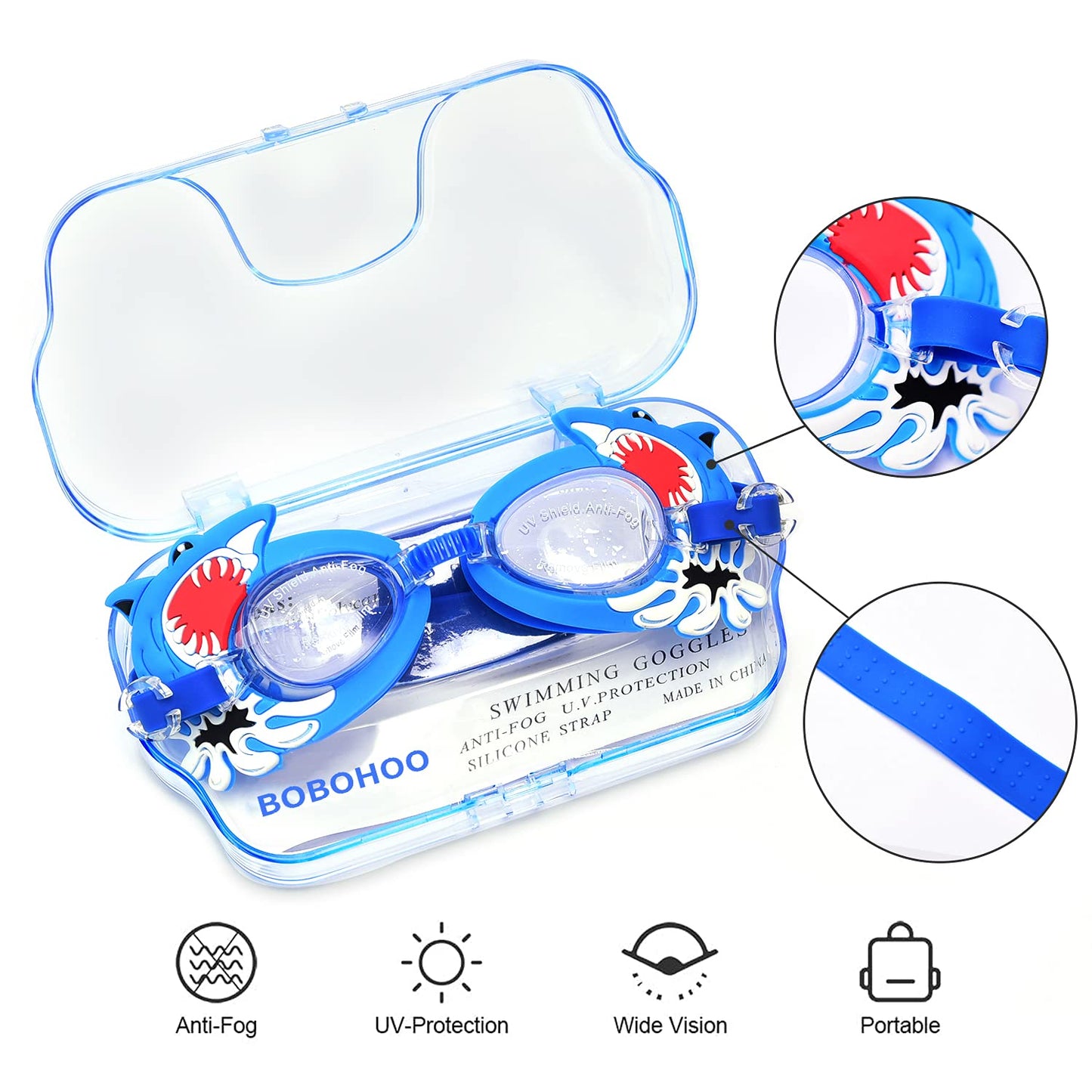 Child Swim Cap Shark Swimming Goggles Kids Earplugs Nose Clip, Boys 3-Piece Swim Set (3-12 Years Old)