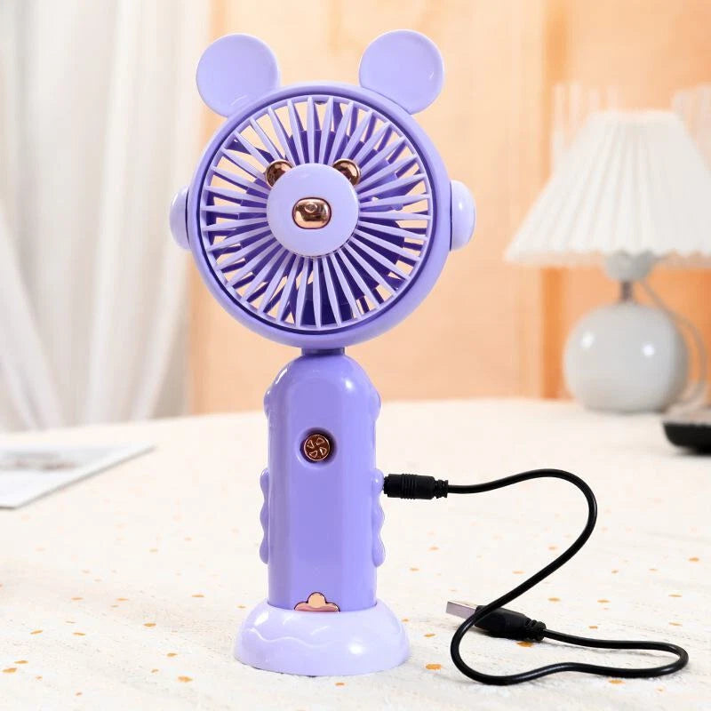 Cute round ear handheld mini rechargeable small fan children with base desktop folding pocket electric fan