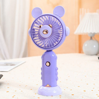 Cute round ear handheld mini rechargeable small fan children with base desktop folding pocket electric fan