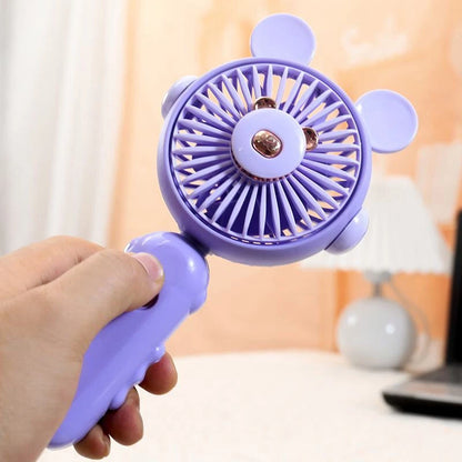 Cute round ear handheld mini rechargeable small fan children with base desktop folding pocket electric fan