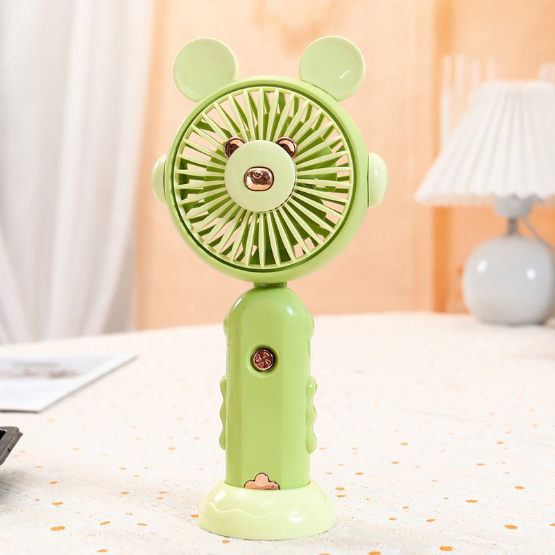 Cute round ear handheld mini rechargeable small fan children with base desktop folding pocket electric fan