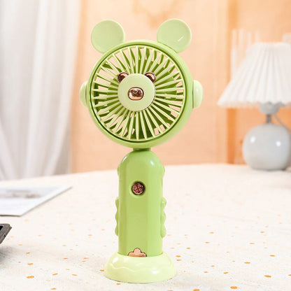 Cute round ear handheld mini rechargeable small fan children with base desktop folding pocket electric fan