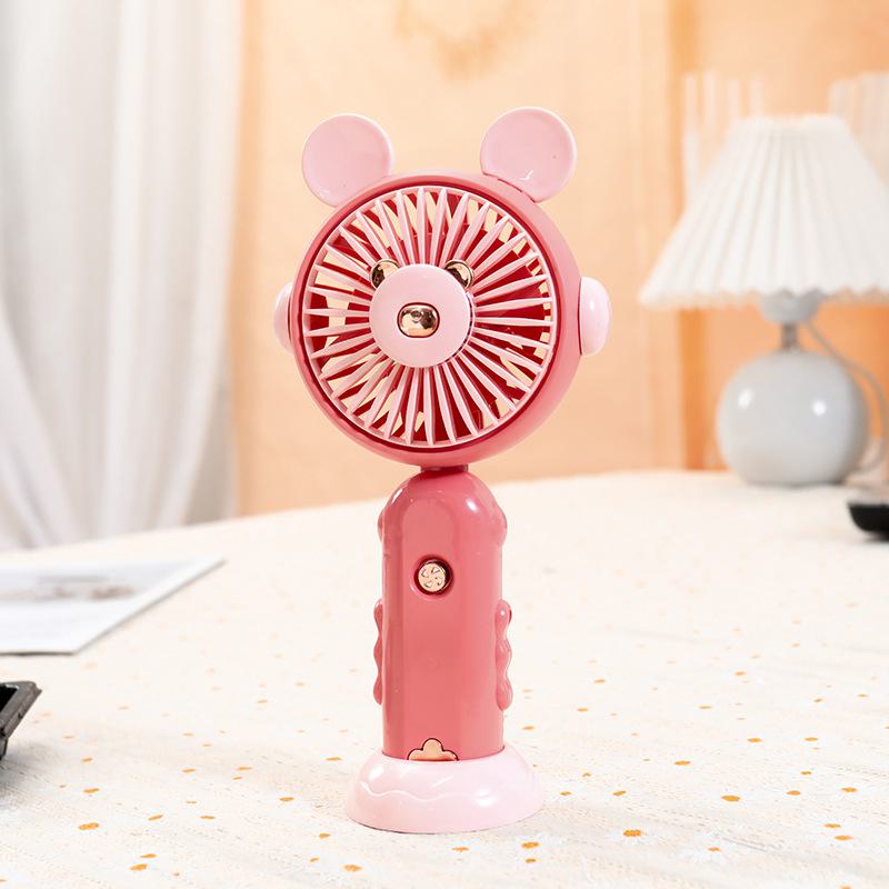 Cute round ear handheld mini rechargeable small fan children with base desktop folding pocket electric fan