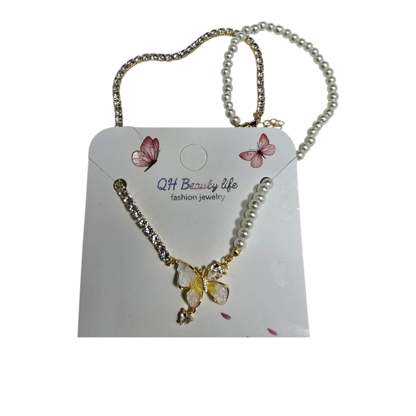 Necklace with Artificial Pearl &amp; Stone Butterfly Pendant for Girls