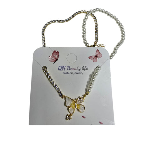 Necklace with Artificial Pearl &amp; Stone Butterfly Pendant for Girls